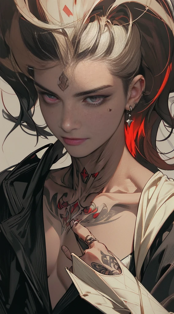 1 handsome guy, (((8K, RAW photogr, Best quality at best, tmasterpiece: 1.4))), Ultra-high resolution, ultra - detailed, lamplight, Close-up cleavage, cool guy, red eyes, (Detailed eyes, The eyes are bright:1.2), Black medium long hair, fairies, Vampires, pale-skinned, ear piercings, Common, Dark, Blackn clothes, Meticulous clothes, gold accessories on clothes, Expose out the tongue, Sharp fangs, (perfect anatomia:1.2), Highqualityshadow, natural lightting, (White highlights:1.2), natta, overcast day, (neck tattoos:1.2), (starrysky:1.2)