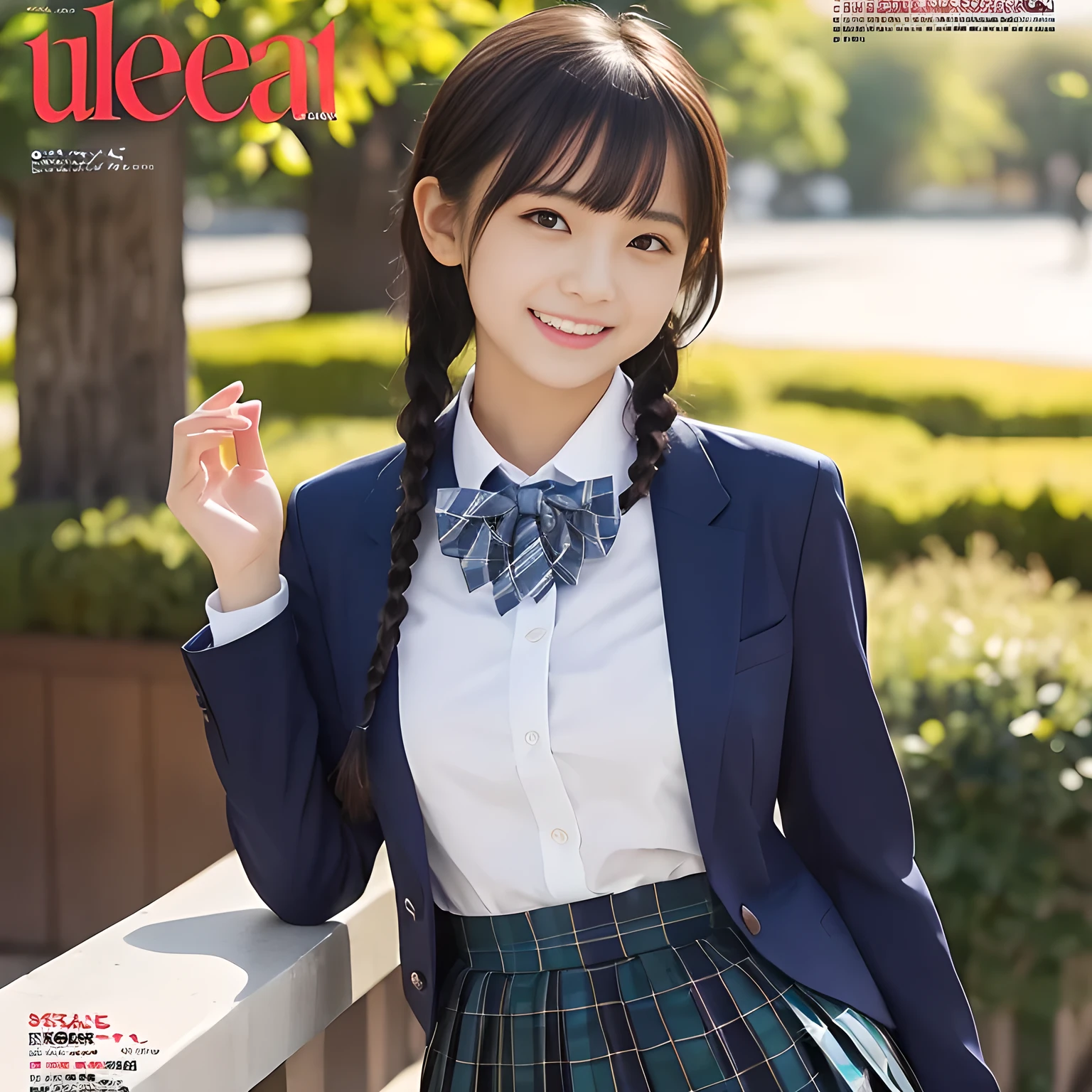 (highest quality、masterpiece:1.2)、highest quality、Realistic、photograph、High resolution、1080p、8K、Physical Rendering、((Height: 158cm)), one Japanese girl、(((((( beautiful Japanese magazine fashion model looking at the viewer)))))), , (((big very detailed beautiful dark brown eyes))), ((((laughing at me!)))), detailed fingers, (((curled blunt bangs))), ((Very large and cute eyes, carefully drawn with great attention to detail)), ((double eyelids)), (((long eyelashes))), ((cute lovely lovely laughing laughing cheeks)), ((The pure white light hits my nose and cheeks.、Her eyes and white facial skin shine beautifully white.)), ((The skirt is very cute)), (((((Her facial features are very expressive lovely smile, very sweet, very very sweety.))))), (((Shooting from the side))), ((((impressive plain navy large school ribbon bow tie in plain)))), ((((black very beautiful and very very long braids)))), (((((blue and navy colored tartan checkered formal long pleated pleated skirt))))), (((A formal dark blue blazer in solid that is slightly oversized and with a golden emblem))), ((Her face has especially white and beautiful skin.)), 
