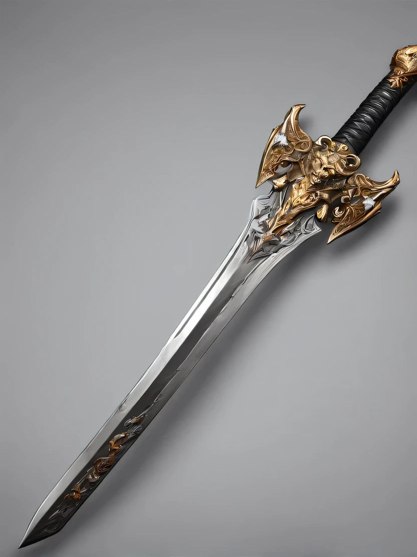 ((masterpiece、highest quality、Genuine、Very detailed、High resolution、Sharp focus、Photorealistic、Cinematic lighting))、((There are no people))、Fantasy RPG、Medieval Games、Game Icons、Black Background、(((Close-up of a sword)))、sacred sword decorated with gold、Sword of Steel、Long and large sword、medieval sword、Double-handed sword、Silver Sword、Gems embedded in the handle、Medieval weapons、Game Art