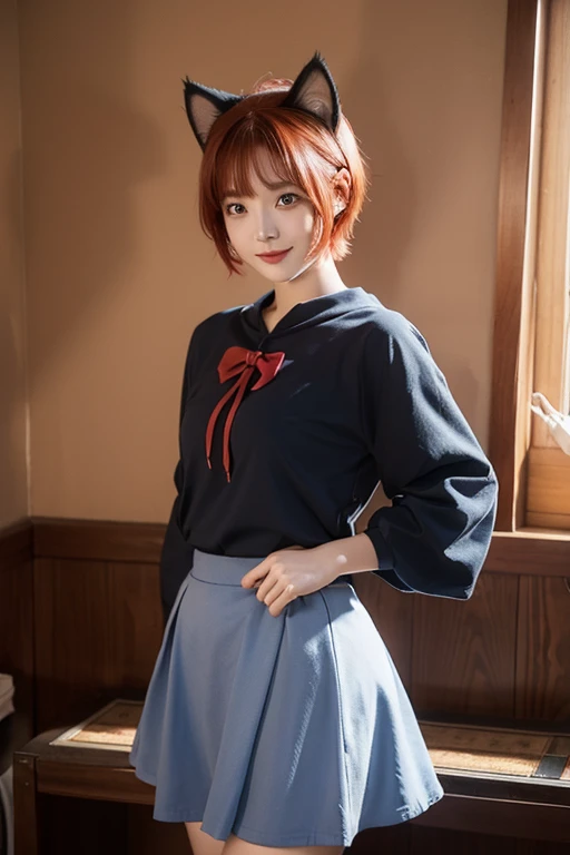 red short hair, cat ears, girl, Blue skirt, cute character, SD characters, Medieval RPG, shyly happy pose