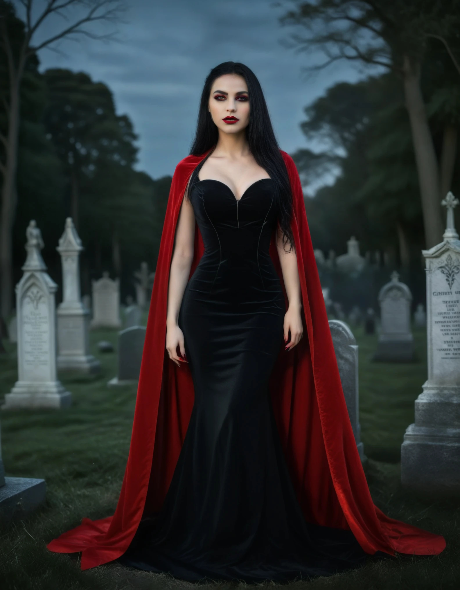 (best quality,4k,8k,highres,masterpiece:1.2),ultra-detailed,(realistic,photorealistic,photo-realistic:1.37),portrait,gothic girl,cemetery,red cape,black tight dress,long black hair,pale skin,dark makeup,red lips,sharp fangs,elegant pose,confident expression,intense gaze,moonlight,gravestones,Middle Ages atmosphere,haunting,occult symbolism,nighttime atmosphere,romantic,vampire queen,feminine power,mythical,enchanted,ethereal,contrast of light and shadow,soft lighting,rich and vibrant colors,mysterious ambiance,impressive details
