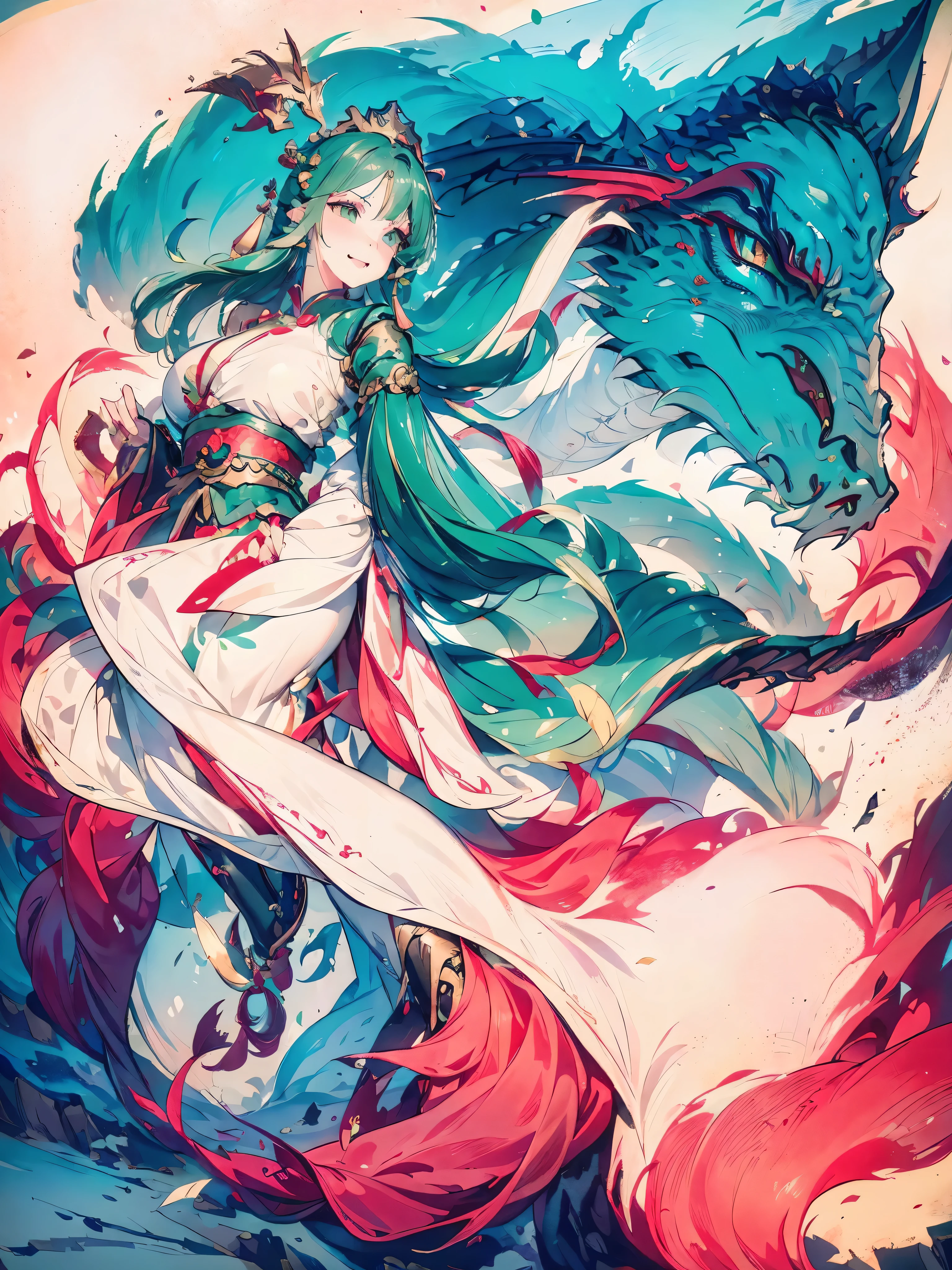 Women in their 20s、pelo de color verde、pelo largo、ojos verdes、dragon horn、adornos dorados para el cabello、Ropa china blanca、saltando、sonrisa、bailando con un fan、Dragon and Chinese cloud in the background.