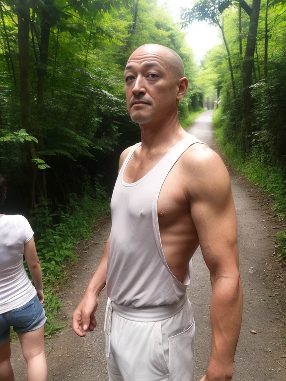 Japan Ga Done,Cowboy Shot, 1 person,On the forest path,dark,evening, Front view, (Looking at the audience,male性、male,bald,Japanese,Tank top, bottomless, Sweat vapor,Embarrassing,standing),No women,nsfw