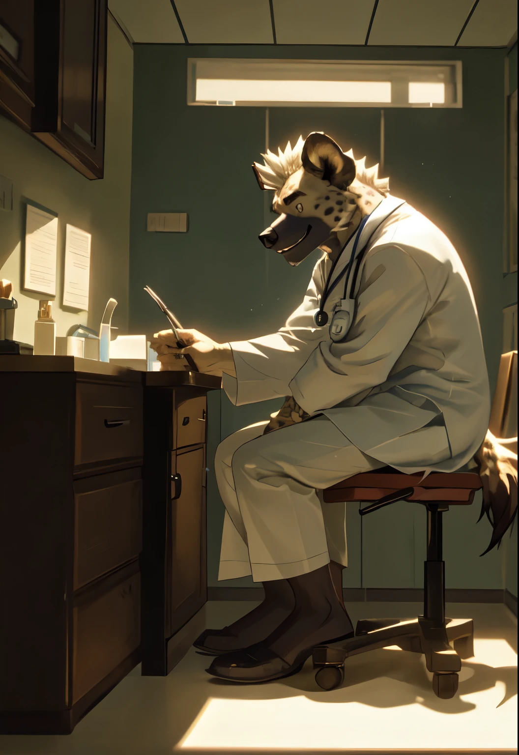 Solitary, Beast field, (hyena), Doctor by profession，White coat，anthropology, male，  scale, Tail, muscle, Handsome,Sunlight，Patient Room，indoor，Smile，Kind，Bad，young，handsome，Sit down，Front