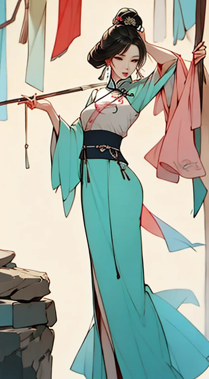 (Masterpiece, top quality, best quality), ((Wuxia World, Xiuxian, Chinese martial arts,)), (1 girl solo), (full body), (gentle eyes), (ancient Chinese clothes, cyan robe, embroidered collar Uesugi, white large-sleeved shirt, streamers), (hairpin, long black hair), (Hanfu), light pink lips, (young), earrings, white skin, (clear facial features, detailed skin texture, beautiful face, facial highlights, waist up), color ink painting, splash color, sketch, denoising, splash ink, Dramatic, cinematic grade, white background, standing, slim figure, 8k uhd, SLR, soft light, high quality, high resolution, (very detailed CG unity 8k wallpaper)