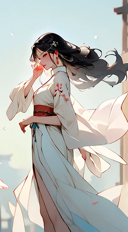 (Masterpiece, top quality, best quality), ((Wuxia World, Xiuxian, Chinese martial arts,)), (1 girl solo), (full body), (gentle eyes), (ancient Chinese clothes, cyan robe, embroidered collar Uesugi, white large-sleeved shirt, streamers), (hairpin, long black hair), (Hanfu), light pink lips, (young), earrings, white skin, (clear facial features, detailed skin texture, beautiful face, facial highlights, waist up), color ink painting, splash color, sketch, denoising, splash ink, Dramatic, cinematic grade, white background, standing, slim figure, 8k uhd, SLR, soft light, high quality, high resolution, (very detailed CG unity 8k wallpaper)