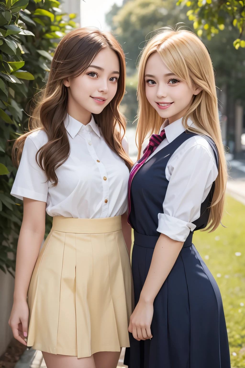 Girl and girl, ((uniform)), golden hair, light smile, outdoors,