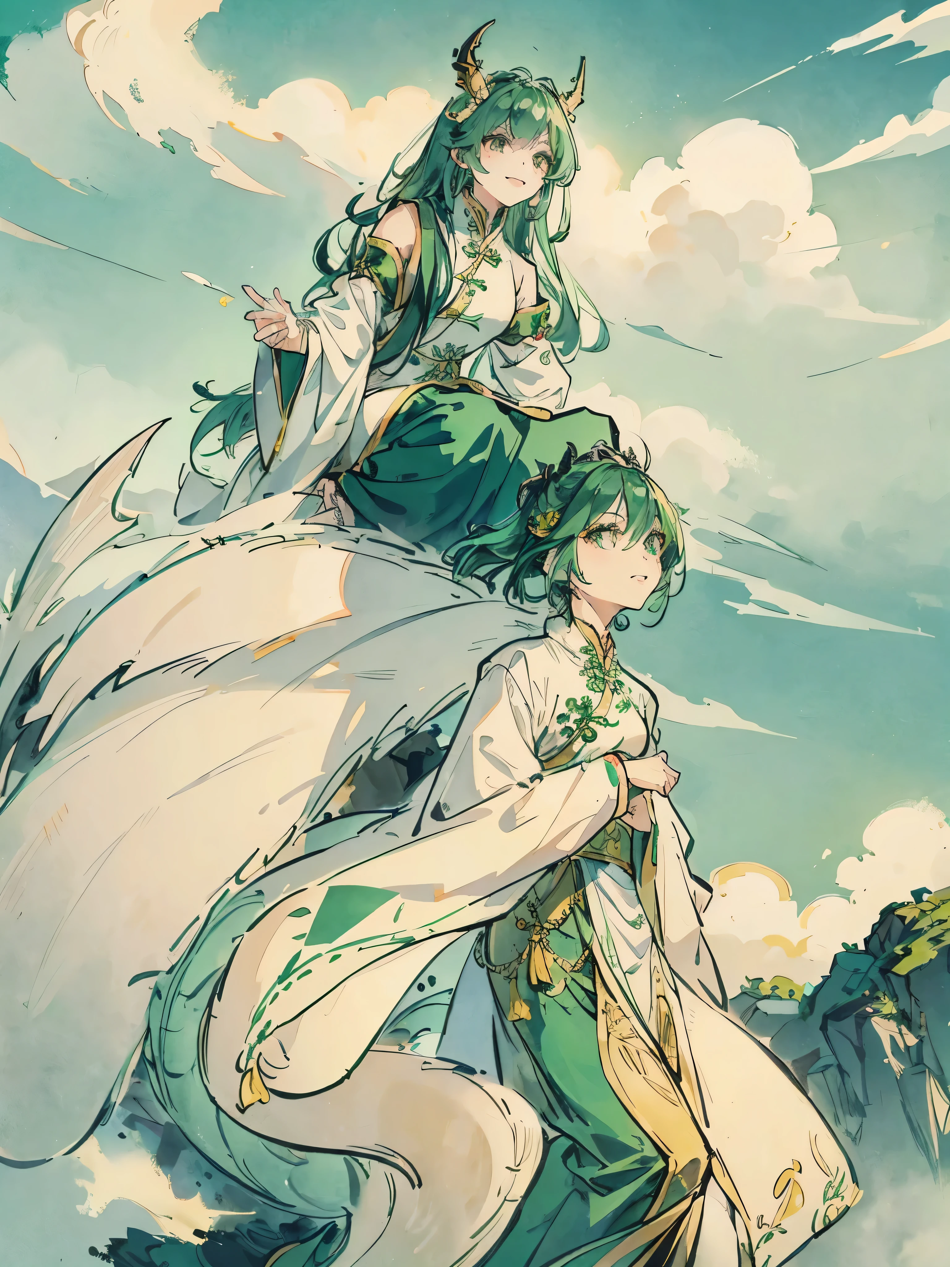 Women in their 20s、pelo de color verde、pelo largo、ojos verdes、dragon horn、adornos dorados para el cabello、Ropa china blanca、saltando、sonrisa、Nubes chinas al fondo.