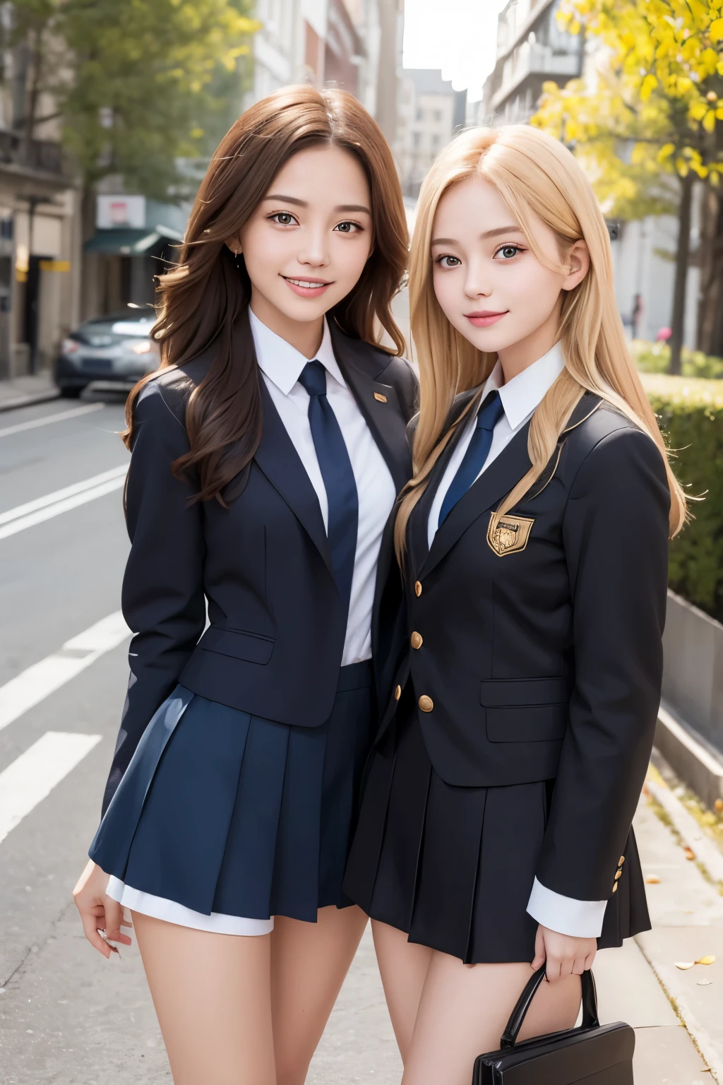 Girl and girl, ((uniform)), golden hair, light smile, outdoors,