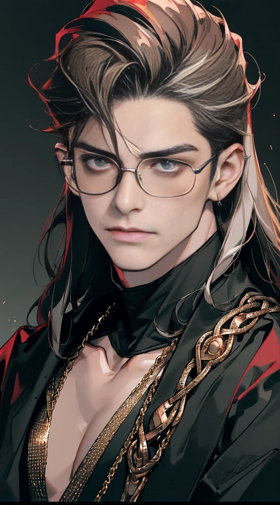 (((8K, RAW photos, Best quality, tmasterpiece: 1.4))), ((man wearing gold glasses))), Ultra-high resolution, ultra - detailed, lamplight, Close-up cleavage, Handsome men, red eyes, (Detailed eyes, The eyes are bright:1.2), Black medium long hair, Vampires, pale-skinned, ear piercings, Dark, Blackn clothes, Meticulous clothes, gold accessories on clothes, Sharp fangs, (perfect anatomia:1.2), Highqualityshadow, natural lightting, (White highlights:1.2), natta, overcast day, (starrysky:1.2)