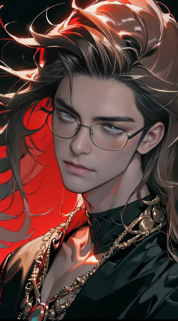 (((8K, RAW photos, Best quality, tmasterpiece: 1.4))), ((man wearing gold glasses))), Ultra-high resolution, ultra - detailed, lamplight, Close-up cleavage, Handsome men, red eyes, (Detailed eyes, The eyes are bright:1.2), Black medium long hair, Vampires, pale-skinned, ear piercings, Dark, Blackn clothes, Meticulous clothes, gold accessories on clothes, Sharp fangs, (perfect anatomia:1.2), Highqualityshadow,  natural  lightting, (White highlights:1.2), natta, overcast day, (starrysky:1.2)