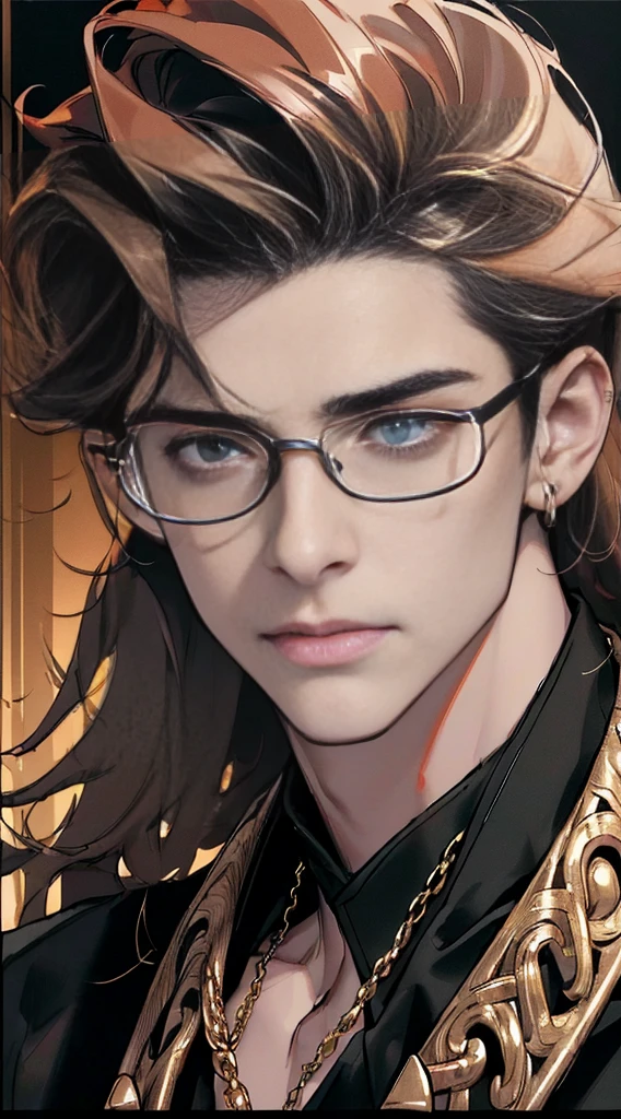(((8K, RAW photos, Best quality, tmasterpiece: 1.4))), ((man wearing gold glasses))), Ultra-high resolution, ultra - detailed, lamplight, Close-up cleavage, Handsome men, red eyes, (Detailed eyes, The eyes are bright:1.2), Black medium long hair, Vampires, pale-skinned, ear piercings, Dark, Blackn clothes, Meticulous clothes, gold accessories on clothes, Sharp fangs, (perfect anatomia:1.2), Highqualityshadow, natural lightting, (White highlights:1.2), natta, overcast day, (starrysky:1.2)