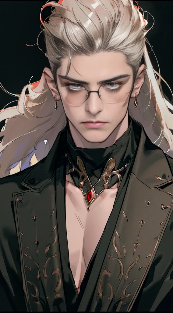(((8K, RAW photos, Best quality, tmasterpiece: 1.4))), ((man wearing gold glasses))), Ultra-high resolution, ultra - detailed, lamplight, Close-up cleavage, Handsome men, red eyes, (Detailed eyes, The eyes are bright:1.2), Black medium long hair, Vampires, pale-skinned, ear piercings, Dark, Blackn clothes, Meticulous clothes, gold accessories on clothes, Sharp fangs, (perfect anatomia:1.2), Highqualityshadow,  natural  lightting, (White highlights:1.2), natta, overcast day, (starrysky:1.2)