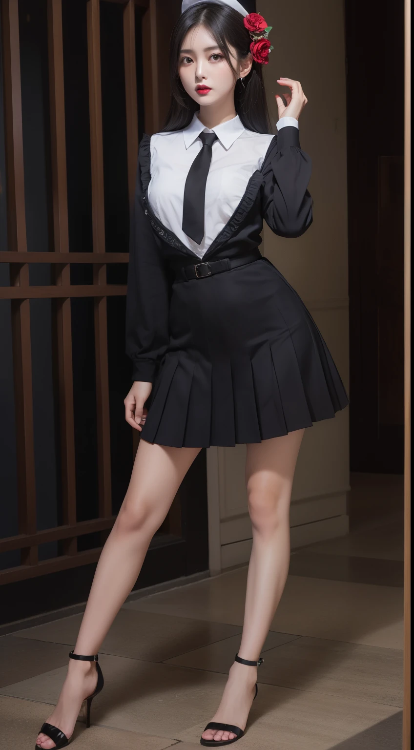 Attractive beauty、Sailor suit、Pleated skirt、Black Pantyhose、Black flower hair ornament、Attractive oval face、double eyelid、Clear Eyes、Dark red lipstick、Beautiful slim legs、Tight ankles、Ultra-high resolution、The Ultra-detailed、Elegant standing posture、Create a slender lower body curve、Expressing mature femininity、highest quality、8k、Ultra-detailed、I、9 heads、night、Move your spirit、darkness、Attractions、Brainwashed、Evil堕落、Evil