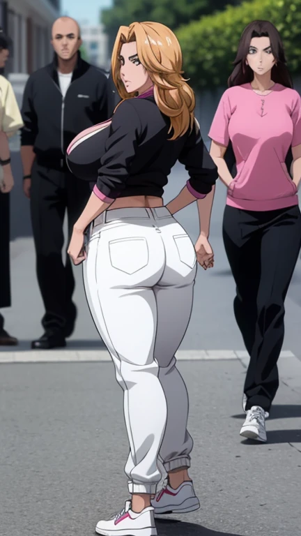 Rangiku Matsumoto, busty body, black tracksuit, White Sneakers, big breasts, wide hips, detailed face, high quality, 1 woman, ass view, sexy, looking on viewer 