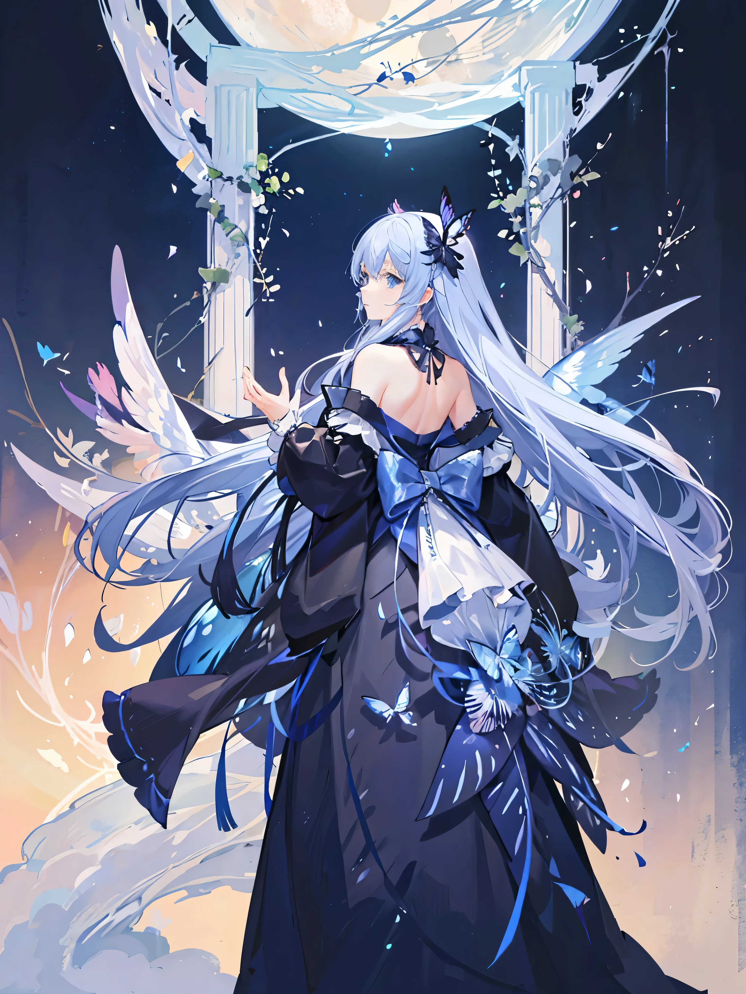 tenth generation women、blue eyes、Hair color is a gradation of blue and light blue.、pelo largo、vestido（falda con estampado de nubes）small butterfly wings on the back