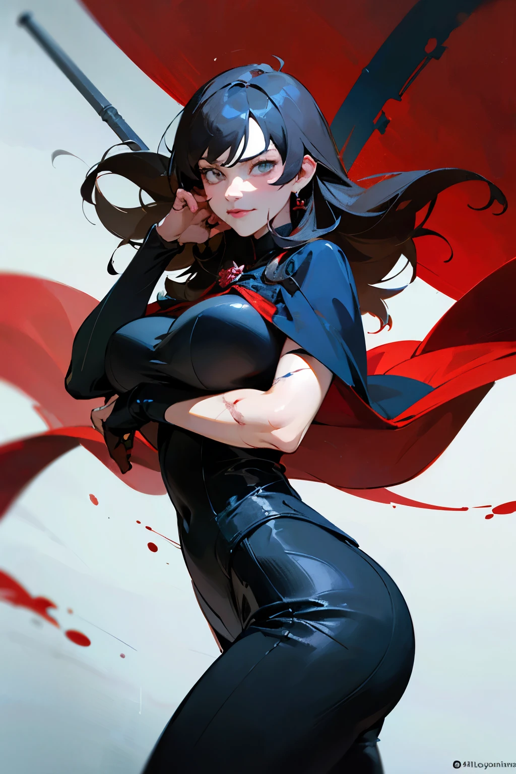 best quality,highly detailed,masterpiece,ultra-detailed,illustration,beautiful detailed eyes, (((40 year old))),(((milf))),(((mature female))),(((milf_saga))),(((milf_saga_face))),realistic hands,(((posing))),realistic shaded perfect body,(((milf))),(((mature female))), painted in high resolution, commission for high res, extremely detailed artgerm, [ 4 k digital art ]!!, painted in anime painter studio, wlop glossy skin, in style of wlop, artwork in the style of guweiz, beautiful detailed body and face,Mysterious, Assassin, Black attire, Dual blades, Masked, Sharp eyes, Long hair, Red cape, Menacing, Identity, Organization, Ruthless, Decisive, Battle-scarred, Color contrast, Death, Danger, Blood, Symbolism, Power, Revenge
