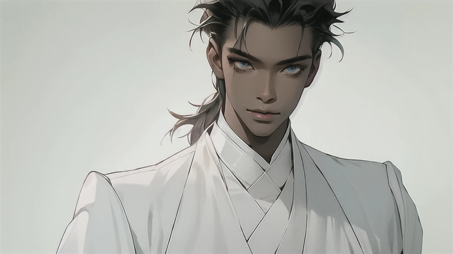 Young men,Dark skin,Dark skin,White suit,Black hair,Light green eyes,eardrop,solo person