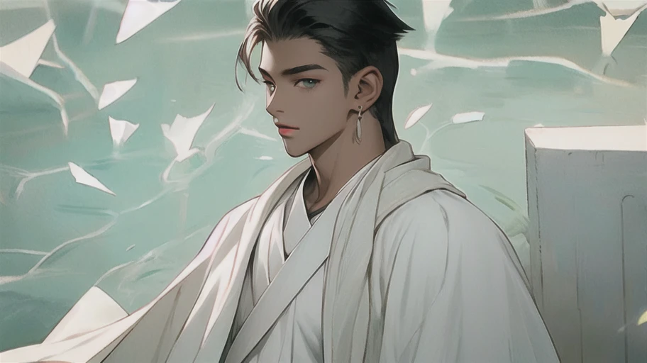 Young men，Dark skin，Dark  skin，White suit，Black hair，Light green eyes，eardrop，solo person