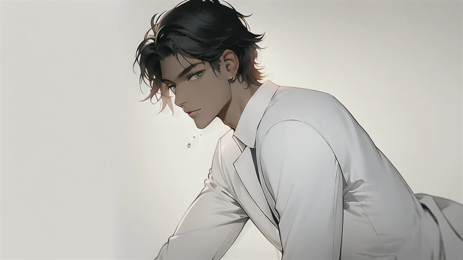 Young men,Dark skin,Dark skin,White suit,Black hair,Light green eyes,eardrop,solo person