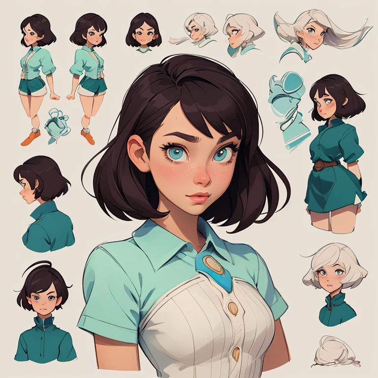 Female character in Turnaround sheetcartoon style Digital art style illustration Cartoon image of a woman .Ilustra??o estilo desenho animado, estilo de arte dos desenhos animados, Ella Purnel lestilo Cartoon style digital illustration artgerm style cartoon art style, digital illustration style, design de personagens altamente detalhado, arte digital detalhada coragem, Forest fan art, Design de personagens de retrato, beautiful digital illustration, retrato de alta qualidade, Arte em quadrinhos, mulher jovem cabelo com transas lindas . Beautiful lined eyes Medium large bust and wonderful sexy clothes. image expression of sexual desire from the waist to the Ella Purnellstyle illustration Cartoon style digital illustration Turnaround sheet style