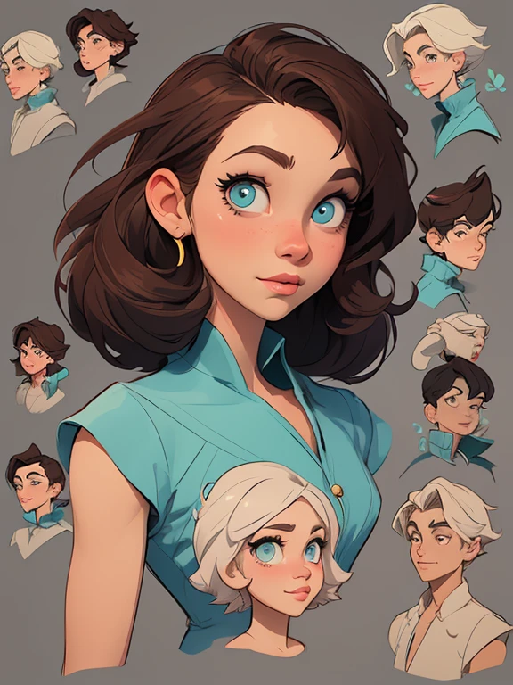 Female character in Turnaround sheetcartoon style Digital art style illustration Cartoon image of a woman .Ilustra??o estilo desenho animado, estilo de arte dos desenhos animados, Ella Purnel lestilo Cartoon style digital illustration artgerm style cartoon art style, digital illustration style, design de personagens altamente detalhado, arte digital detalhada coragem, Forest fan art, Design de personagens de retrato, beautiful digital illustration, retrato de alta qualidade, Arte em quadrinhos, mulher jovem cabelo com transas lindas . Beautiful lined eyes Medium large bust and wonderful sexy clothes. image expression of sexual desire from the waist to the Ella Purnellstyle illustration Cartoon style digital illustration Turnaround sheet style