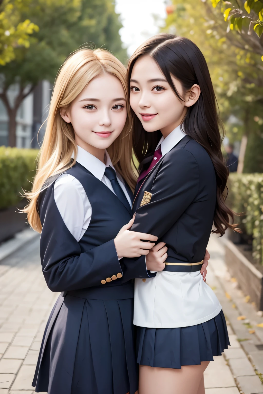 Girl and girl, ((uniform)), golden hair, light smile, outdoors,