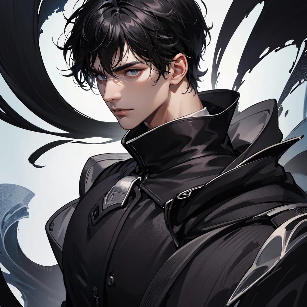 Detailed eyes,Detailed black hair,Detailed backgrounds,Black effect,Handsome man drawn in detail,young,a cool,short-haired,