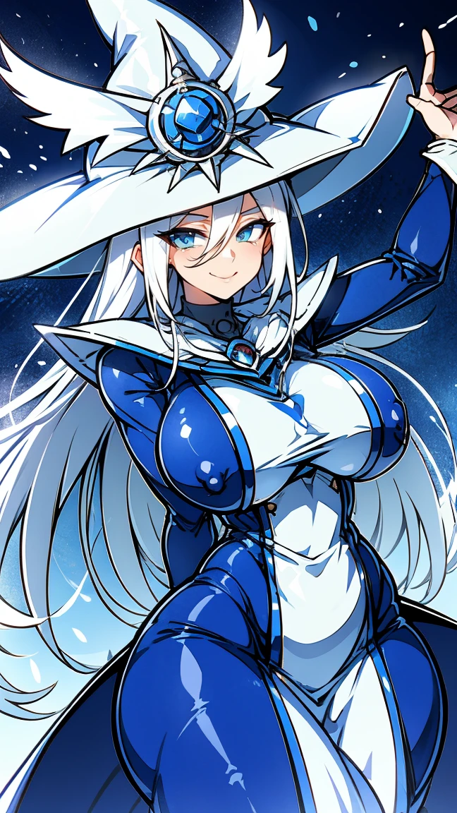 Silent magician, ropa apretada, poca piel visible, (( ruborizada, sonrisa)), pelo largo, cabello blanco, (( white hair)), sombrero blanco, Skinny body, chubby girl, big sagging breast , monstruo de duelo, Iparuputsua, de pie en la entrada de un castillo, magic world background, mundo medieval .