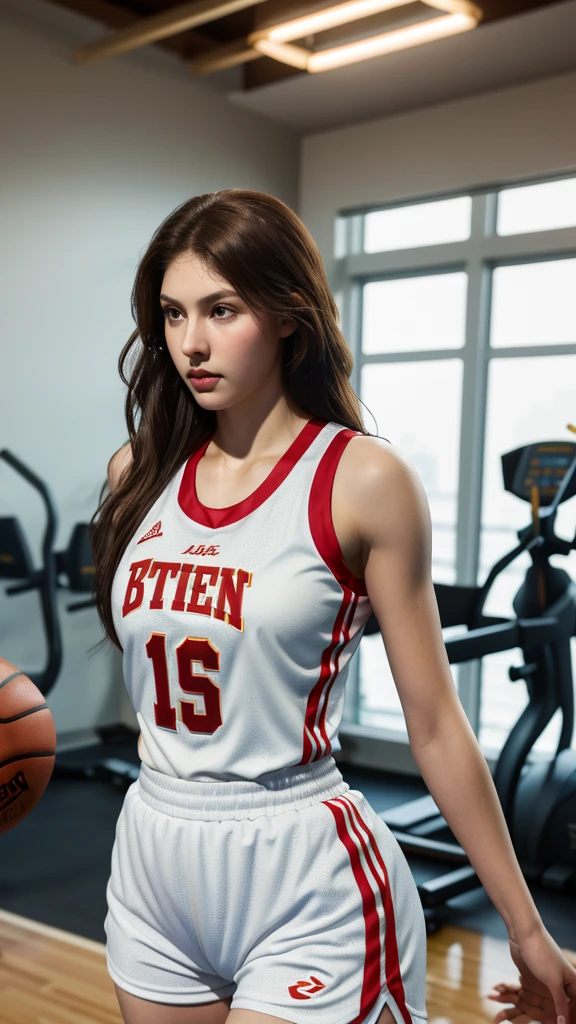 Photorealistic, Ultra realistic, 16k, high quality, cinematic lights, dream atmosphere, dream aesthetic, 1girl, realistically, high resolution, soft light, fair, Tempting, Sexy, White Americans, 18 years old, Tall and thin, Wearing wnba basketball uniform (red and white), stand completely, in the gym, face camera, silky pale-brown hair, flushed skin illuminated, realistic textured skin, realistic shading, sexy basketball tight outfit, tight women's tank top, small shorts, sweaty, large natural breasts, realistic textures, belt, 16k resolution, detailed face and eyes, muscular female body, strong arms, lean belly, big hips, muscular thighs, thick legs, full body, realistic, style-paintmagic, different positions at different types of angles. 