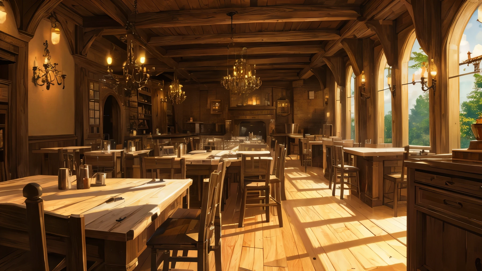 (8k resolution, distinct_image) best quality, masterpiece, highly detailed, semi-realistic, tavern, medieval, fantasy world