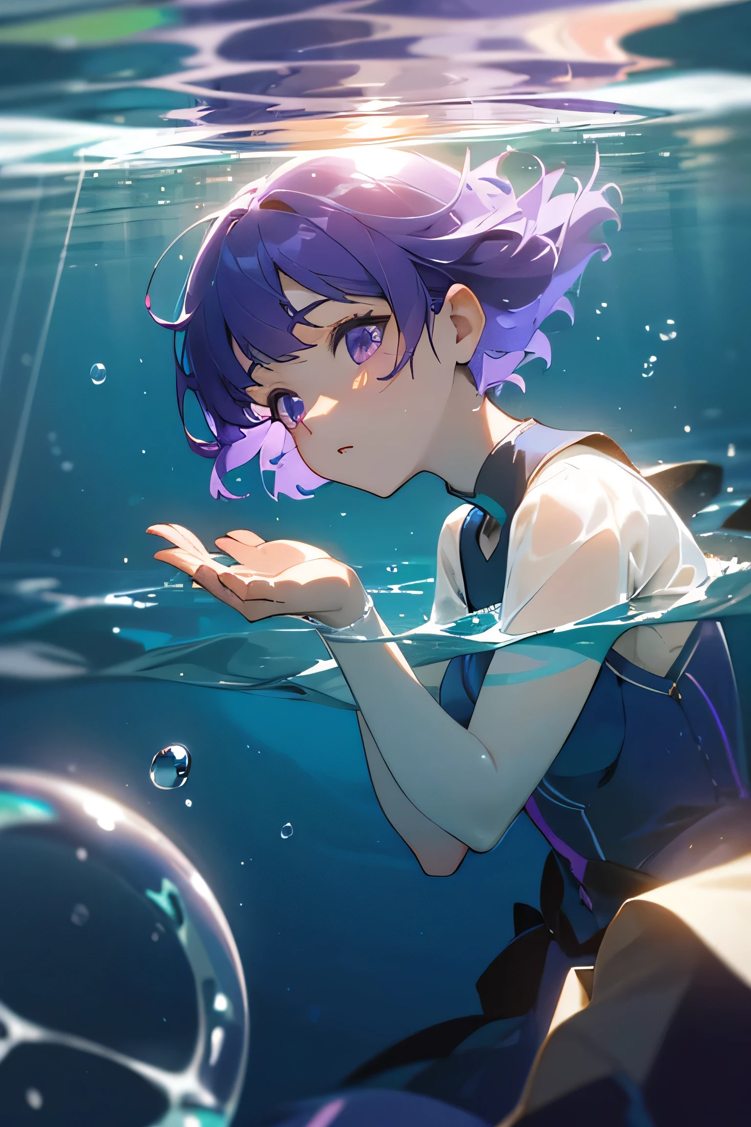 One person standing in the center,(Diver),((In the water)),((In the water)),((In the water))Floating body,((Head touching the water surface)),Purple short hair,Bouncy hair,((Purple hair spreading across the water)),(In the bright sea),Looking up from below,Sunlight from above,Floating on water,In the waterシーン,Light reflected from above penetrates the water surface, Air bubbles,Light Reflection,Bright water surface,