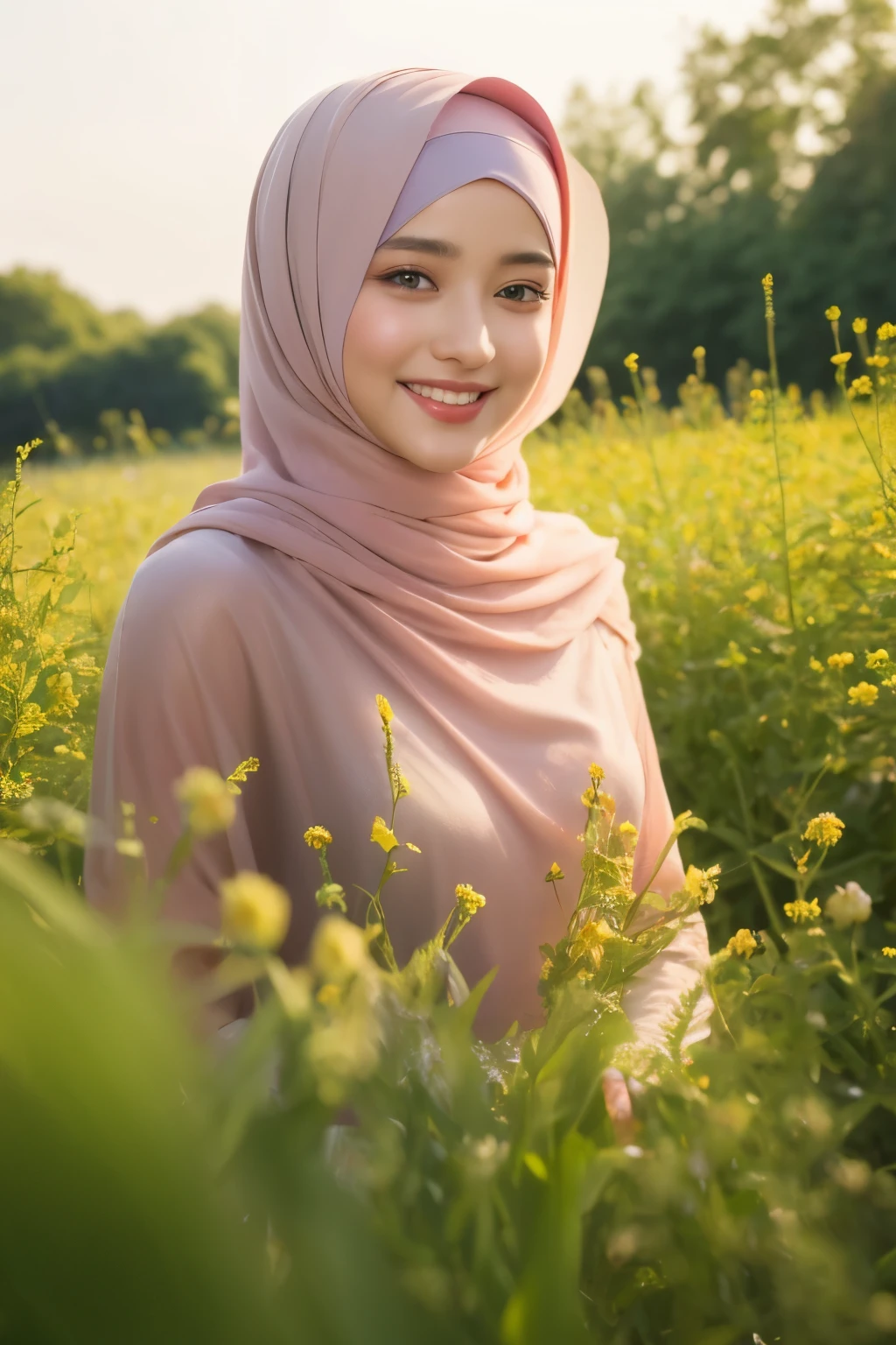 hijabi, Best quality, masterpiece, ultra high res, (photorealistic:1.4), raw photo, 1girl, dress, off shoulder, flower field, glowing skin, light smile