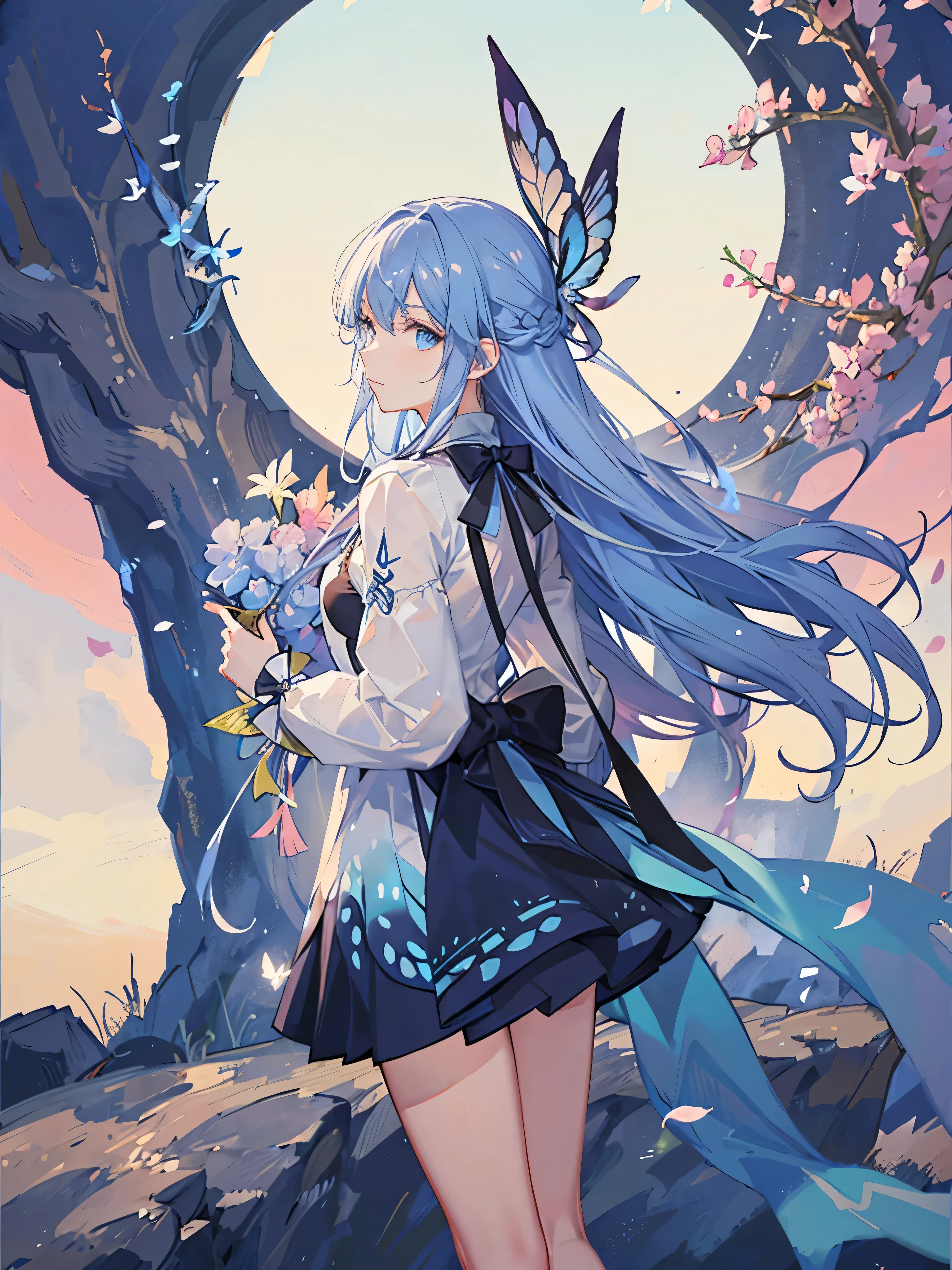 women、blue eyes、Hair color is a gradation of blue and light blue.、pelo largo、vestido(falda con estampado de nubes)small butterfly wings on the back