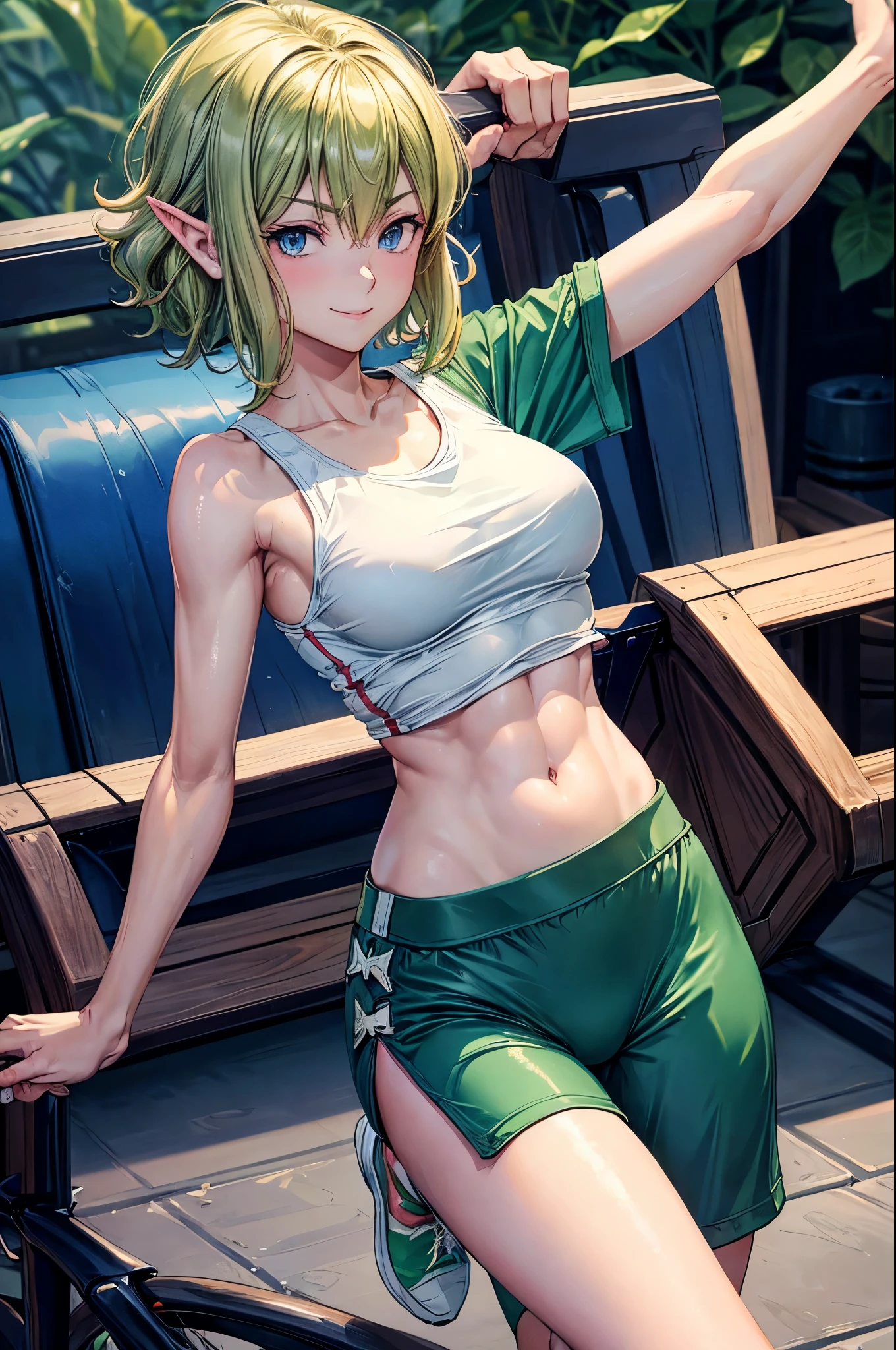 blue eyes,masterpiece, best quality, photorealistic, yujiasuit, yoga sports bra, yoga pants, 1girl, solo, , yoga ball, pants, looking at viewer, smile, green sports bra, simple background, , midriff, long hair, breasts, green pants, sportswear, tank top, upper body,