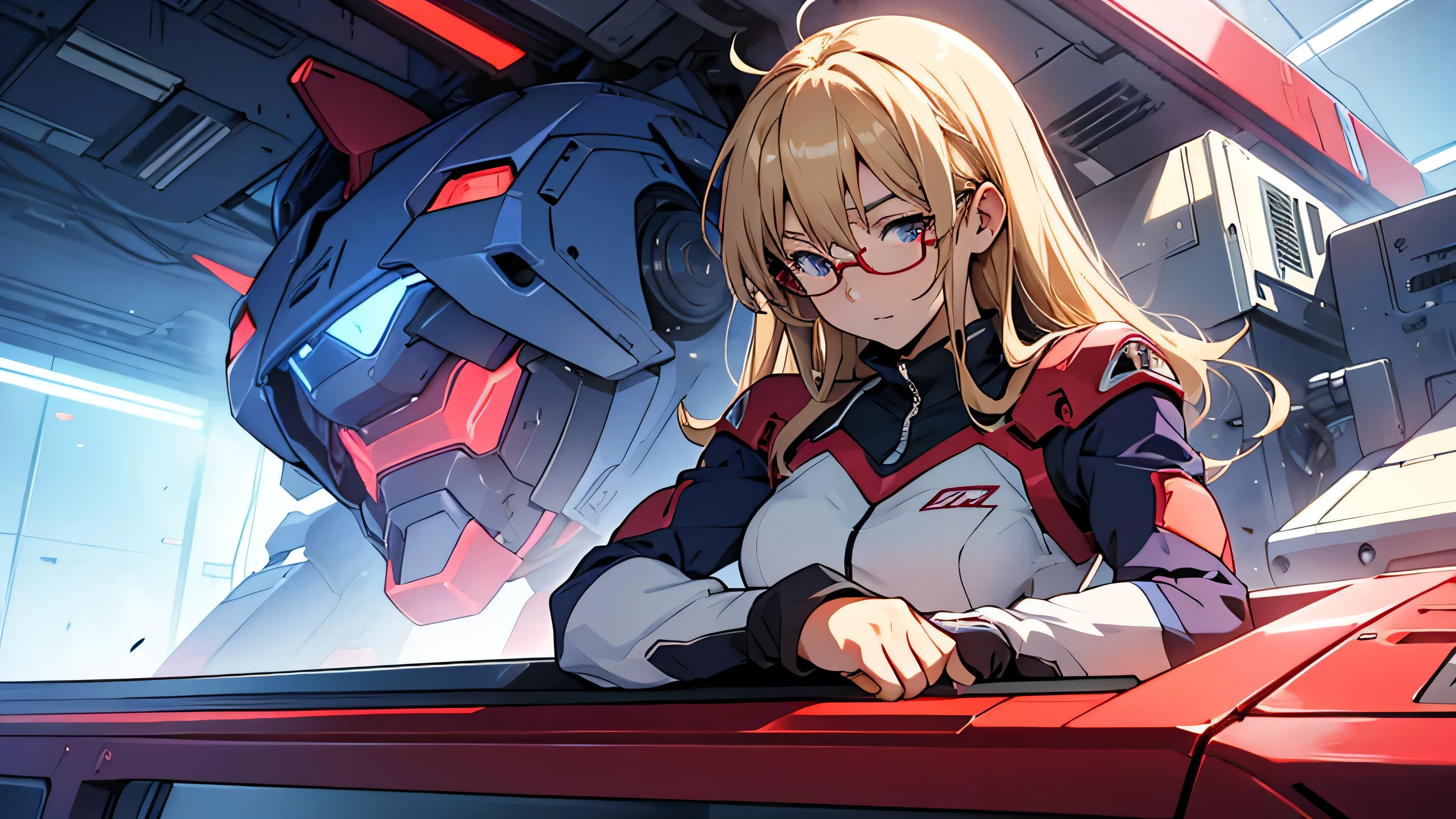 anime An illustration robot Mobile Suit The first one Dark purple Dom Light blue check dress Red glasses Blonde Light blue mesh beautiful girl Sora Sakurano clear one person