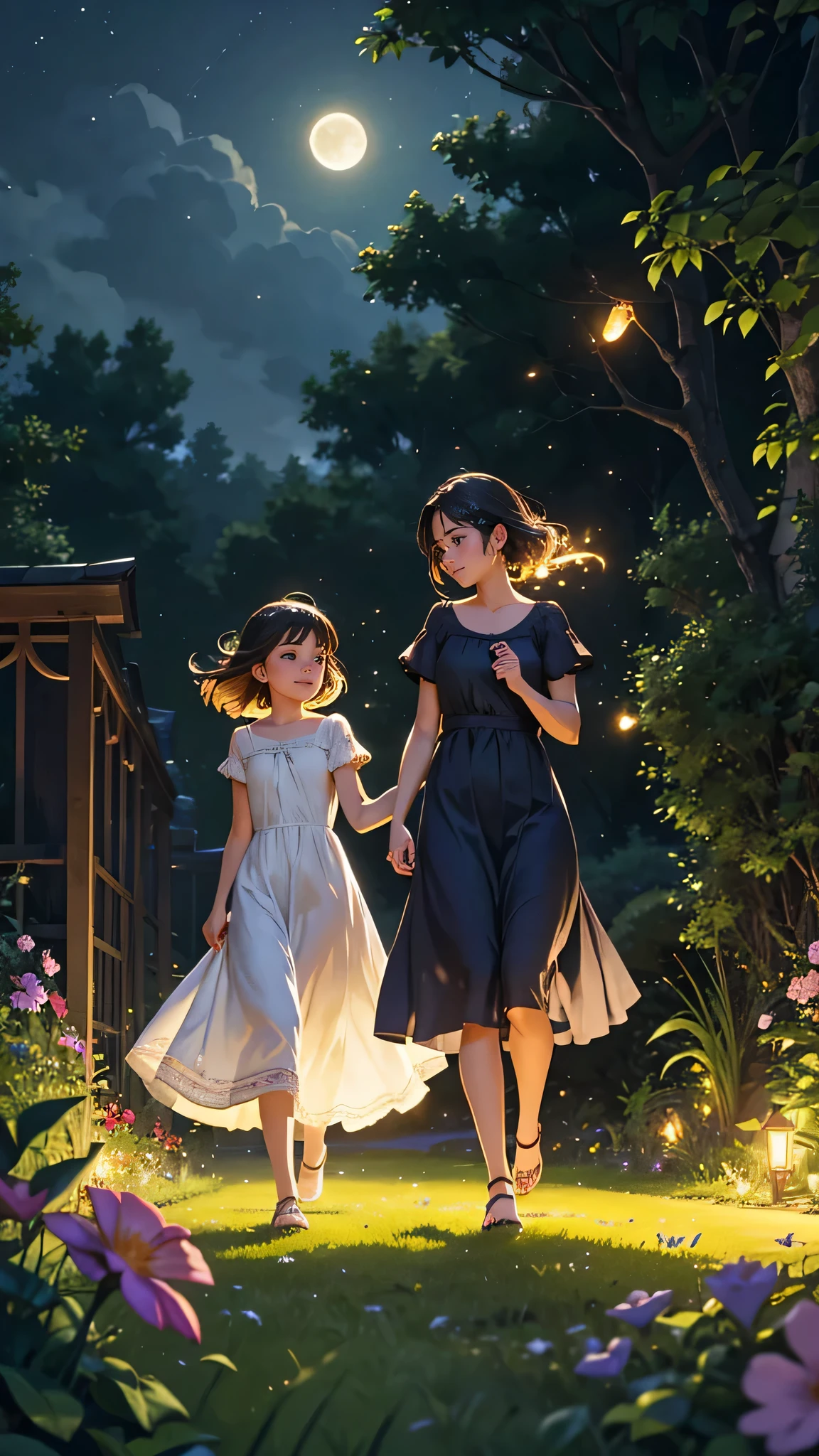 (best quality, highres, ultra-detailed), enchanting and delicate scene, two girls running and chasing fireflies: their faces light up with joy every time a firefly passes by. The mother of one of the girls watches them from a distance, filled with warmth and love. The garden is beautifully decorated with blooming flowers and lush trees, creating a magical atmosphere. The fireflies' gentle green glow illuminates the night, adding a touch of mesmerizing beauty to the scene. The girls' summery dresses flutter in the breeze as they play, their eyes sparkling with excitement and curiosity. The soft, warm light of the moon bathes the garden, casting a serene and romantic ambiance. A sense of tranquility fills the air, as if time has stood still in this enchanting moment.