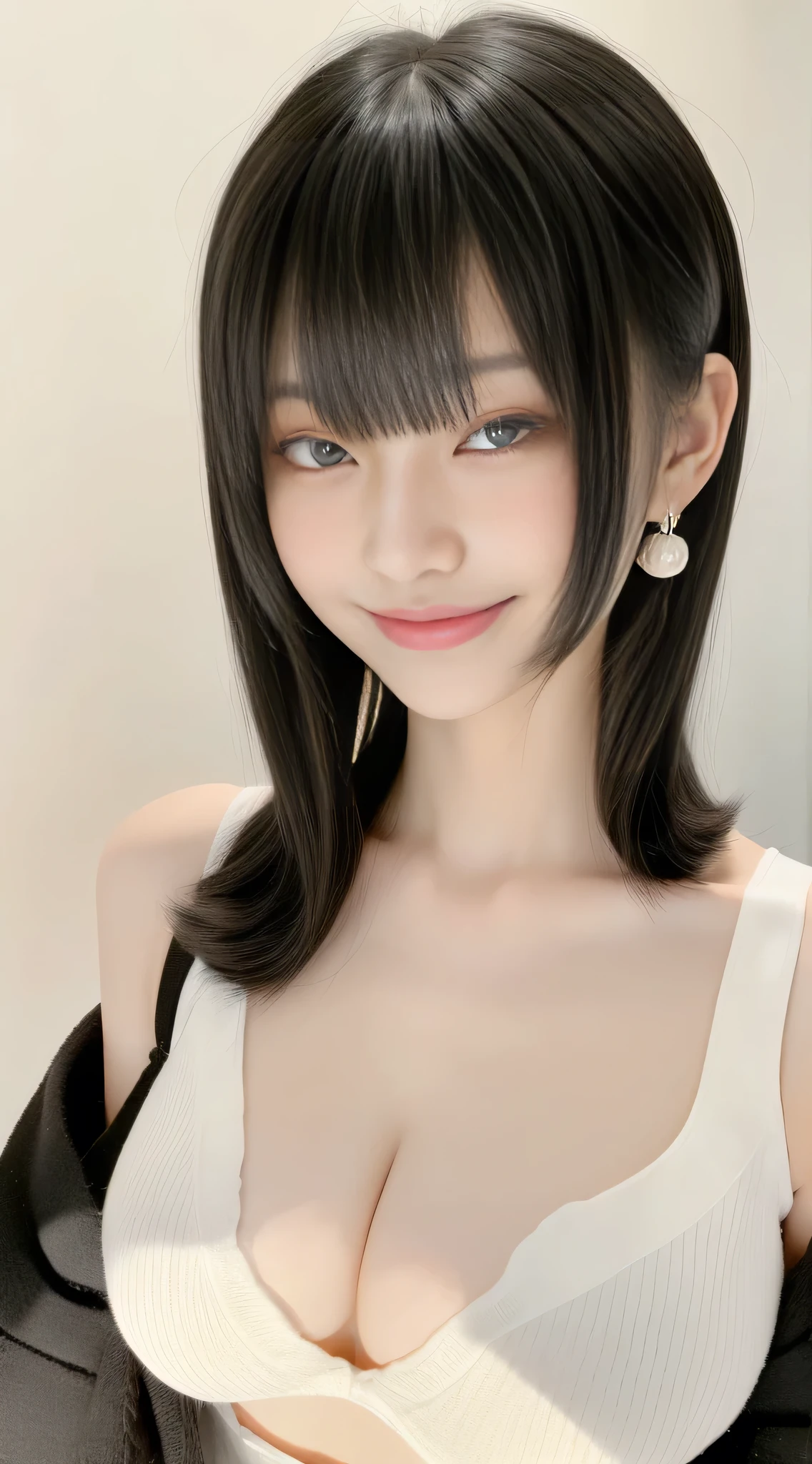 black hair, hair bobbles, wince, longeyelashes, solid circle eyes, light smile, ear blush, fang, 20-year-old female, A clean and cute face, Cleavage, Protruding nipples, so long hair, hair spread out, nihongami, empty eyes, eyeball, sanpaku, evil smile, jitome, nervous smile, Surrealism, drop shadow, anaglyph, stereogram, tachi-e, pov, atmospheric perspective, Hyperrealism, 8k, super detail, ccurate, best quality, UHD, UHD, UHD, UHD, masterpiece, textured skin, high details, high quality, best quality, highres, 16k