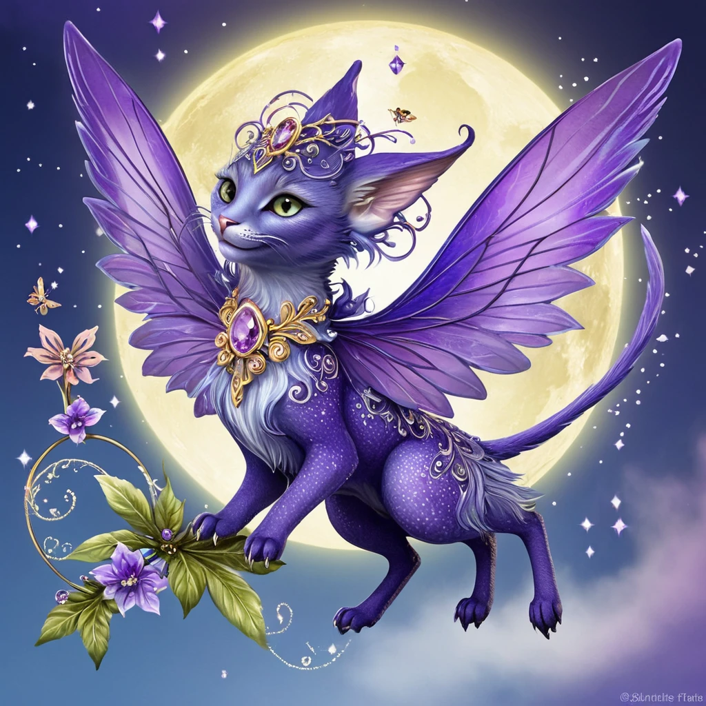 Fantastical lynae flying fairy creature with feline and avian features, adorned with glowing crystals and botanical elements in an enchanted paradise setting. Add only Amethyst color and create big hybrid creature of animal