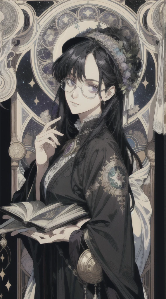 (absurd, high resolution, super detailed), solo, female, long black hair, deep purple eyes, black robes, glasses, planetarium decoration, Victorian style, mature woman, fine eyes and detailed face, hermitage\tarot cards\, milky way, (eye symbol: 1.2), symbolism, visual arts, occult, universal, visual projection, philosophy, iconography, numerology, pop, art, alphonse Mucha