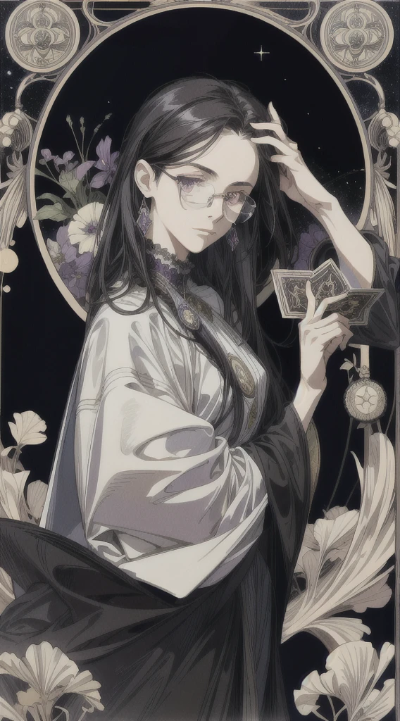 (absurd, high resolution, super detailed), solo, female, long black hair, deep purple eyes, black robes, glasses, planetarium decoration, Victorian style, mature woman, fine eyes and detailed face, hermitage\tarot cards\, milky way, (eye symbol: 1.2), symbolism, visual arts, occult, universal, visual projection, philosophy, iconography, numerology, pop, art, alphonse Mucha