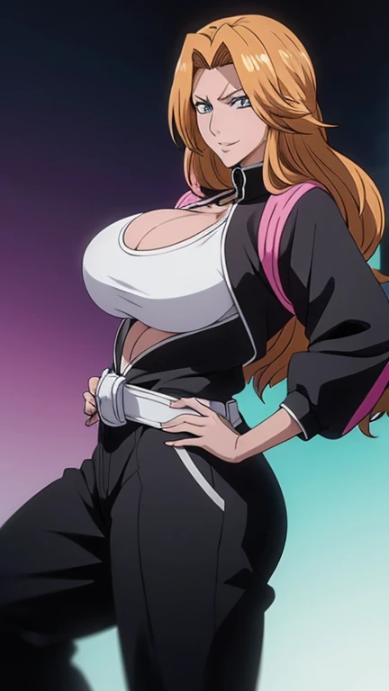 Rangiku Matsumoto, busty body, black tracksuit, White Sneakers, big breasts, wide hips, detailed face, high facial detail, high quality, 1 woman, sexy, looking on viewer, waist portrait, squeezes chest, smiling,