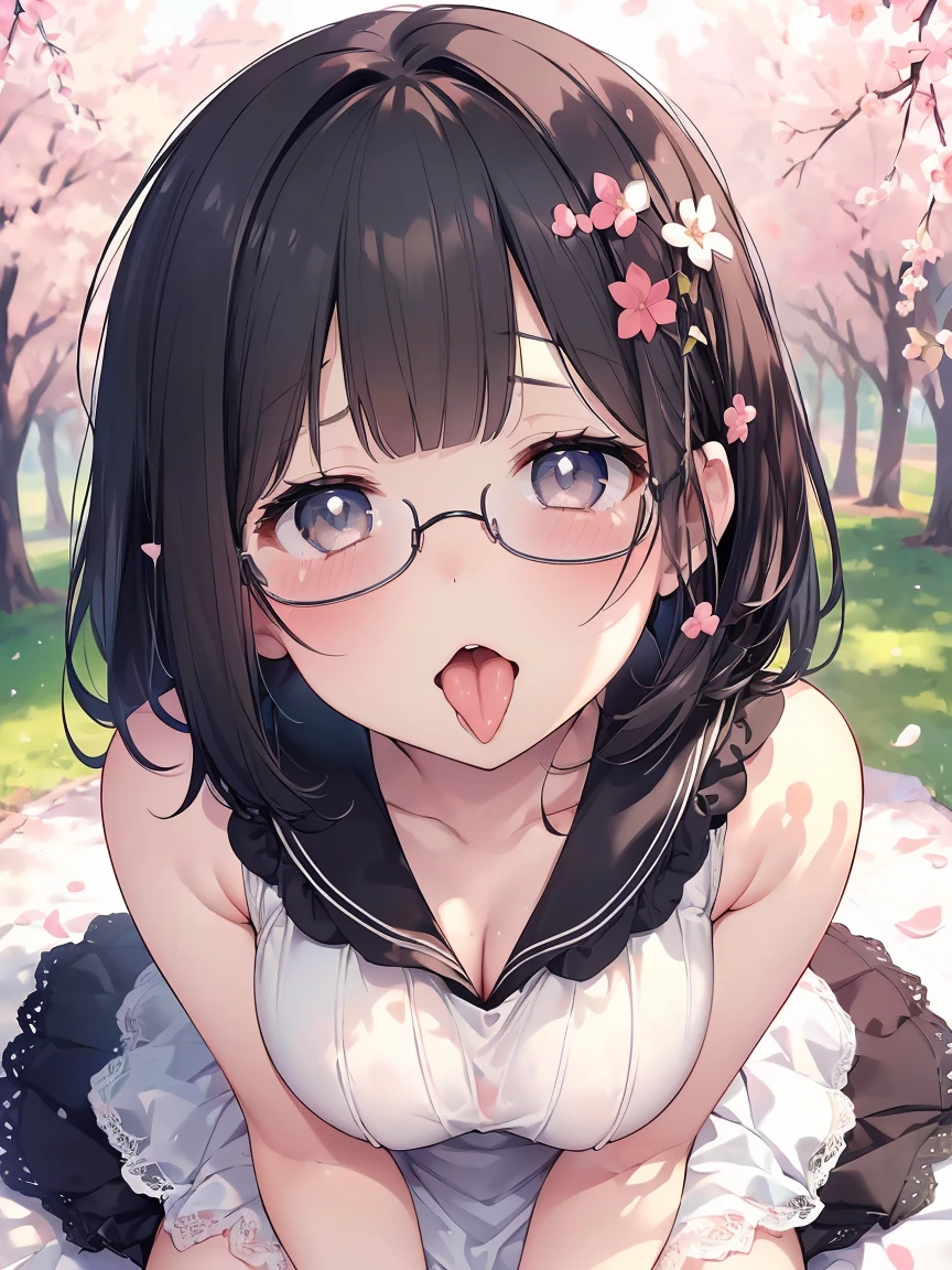 Very detailed, highest quality, High resolution, Moe Anime, ((Cute girl with black hair and droopy eyes)), ((Wearing large round glasses:1.4)), (), Cute eyes, Detailed eye depiction, Sparkle in the eyes, View your viewers, Dark eye color, Pale skin, (Big eyes:1.4, Droopy eyes:1.4, Fatty face:1.4), smile, Focus on the face, In the park with cherry blossoms falling, Sitting, (Extreme close up of tongue), (((From above))), Open your mouth, (((Face only:1.3))), ((white lace sleeveless dress)), Bright Eyes, Light from the front, (Put your hands between your legs:1.4), large and long tongue, Cleavage