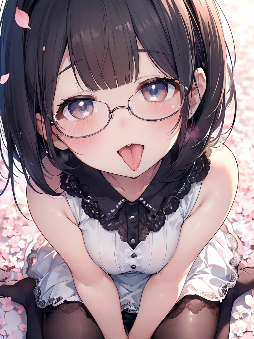 Very detailed, highest quality, High resolution, Moe Anime, ((Cute girl with black hair and droopy eyes)), ((Wearing large round glasses:1.4)), (Baby Face), Cute eyes, Detailed eye depiction, Sparkle in the eyes, View your viewers, Dark eye color, Pale skin, (Big eyes:1.4, Droopy eyes:1.4, Fatty face:1.4), smile, Focus on the face, In the park with cherry blossoms falling, Sitting, (Extreme close up of tongue), (((From above))), Open your mouth, (((Face only:1.3))), ((white lace sleeveless dress)), Bright Eyes, Light from the front, (Put your hands between your legs:1.4), large and long tongue, Cleavage