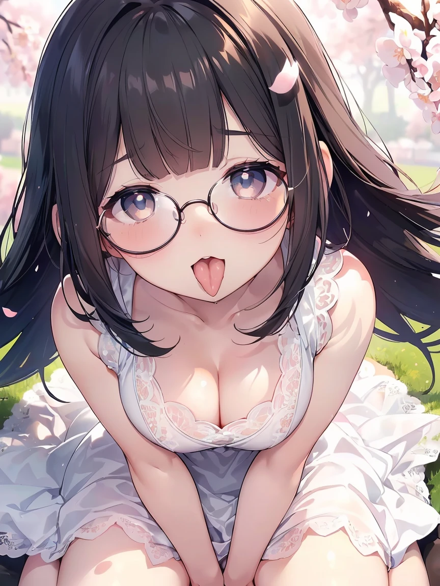 Very detailed, highest quality, High resolution, Moe Anime, ((Cute girl with black hair and droopy eyes)), ((Wearing large round glasses:1.4)), (Baby Face), Cute eyes, Detailed eye depiction, Sparkle in the eyes, View your viewers, Dark eye color, Pale skin, (Big eyes:1.4, Droopy eyes:1.4, Fatty face:1.4), smile, Focus on the face, In the park with cherry blossoms falling, Sitting, (Extreme close up of tongue), (((From above))), Open your mouth, (((Face only:1.3))), ((white lace sleeveless dress)), Bright Eyes, Light from the front, (Put your hands between your legs:1.4), large and long tongue,