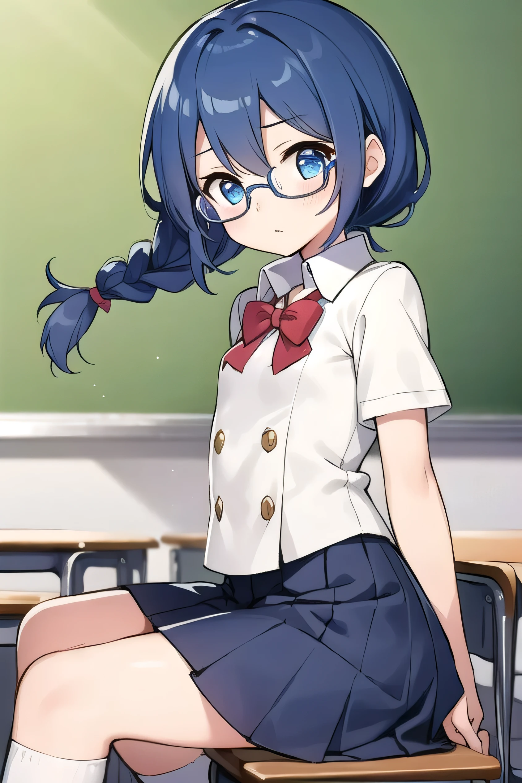 small breasted girl, short, elementary school student, blue hair, fishtail braid, blue eyes, round eyes, shy, shy, classroom, short, young face, short height, , glasses with no edges,flat chest,