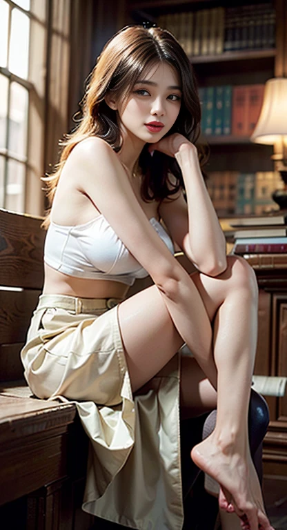 ((High Definition, 8K, Masterpiece: 1.3, Ultra HD, High Quality, High Resolution, Realistic)), ((Bare Shoulders)), ((Perfect Breasts)), ((Short Skirt)) , ((Sexy Long Legs)) , ((full body)), realistic, fashion girl, red lips, very beautiful Asian woman of 22 years old, exquisite makeup, big eyes, beautiful, (highest quality, masterpiece:1.2 ), very detailed, (realistic:1.37), ((random scene, random shooting angle)), blurred background ((depth of field)), young, energetic, attractive model, stretched pose, very short and transparent skirt, (delicate eyes, soft lips), bright smile , warm colors, very high saturation, detailed CG, (movie atmosphere), (soft colors), (natural skin texture, surreal, soft light, sharp), (very detailed), in an old library.
