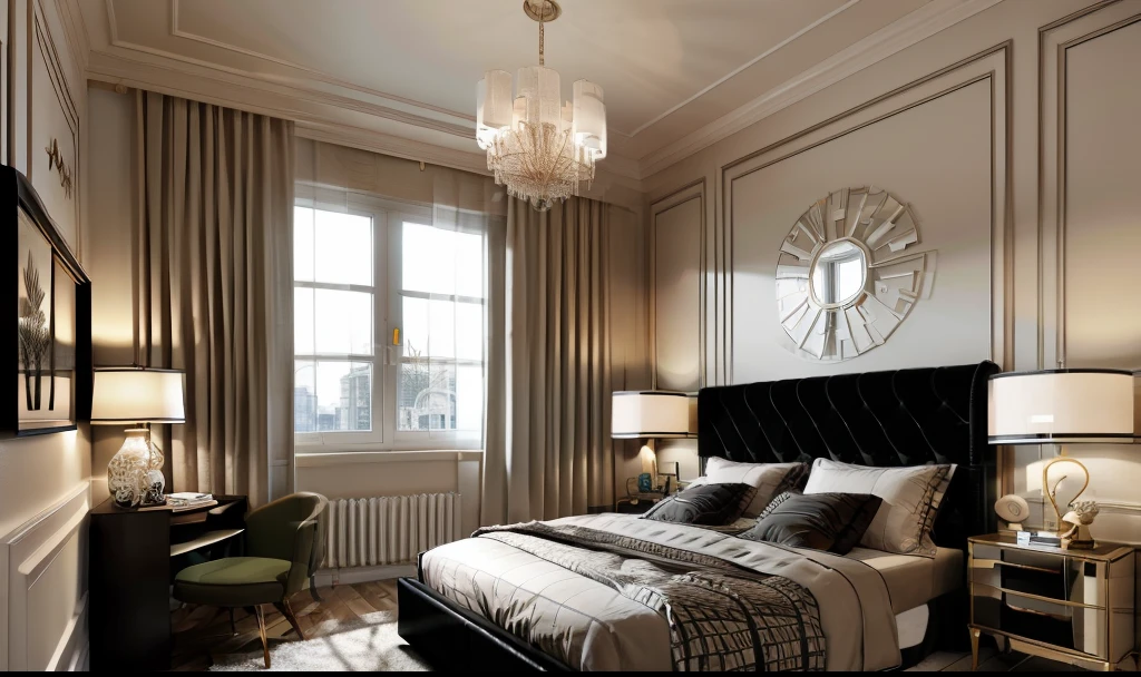 ((indoor neo classical bedroom scene.)), morden bedroom (about bedroom:1.3), (realistic), (masterpiece), super-detailed, ultra-realistic, (full detail), (high quality), (8k), (4k), 1 window from the wall to the ceiling.