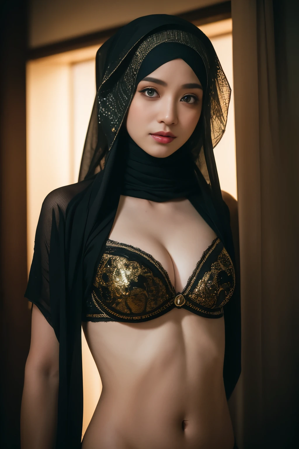 bellydancer, cyberpunk, javanese, (((hijabi))), cleavage, reflection light, chiaroscuro, depth of field, cinematic lighting, ray tracing, Sony FE GM, UHD, super detail, masterpiece, textured skin, high details, best quality, award winning，3D,hdr（HighDynamicRange）,Ray tracing,NVIDIA RTX,Hyper-Resolution,Unreal 5,Subsurface scattering、PBR Texture、post-proces、Anisotropy Filtering、depth of fieldaximum definition and sharpnesany-Layer Textures、Albedo e mapas Speculares、Surface coloring、Accurate simulation octane rendering of light-material interactions、Two-colored light、largeaperture、Low ISO、White balance、the rule of thirds、8K raw data