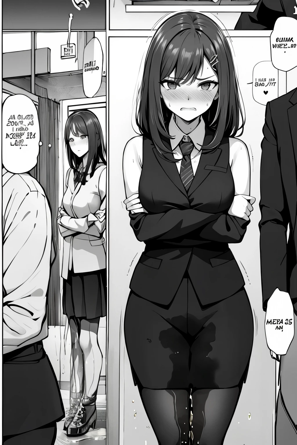 A woman with long black hair, wearing a business outfit consisting of a suit, pencil skirt:, and pantyhose, stands in a monochrome setting. The artwork is inspired by manga and incorporates a doujin style. The woman appears to be (wetting herself:1.5), which causes her to feel embarrassed and humiliated, resulting in a blush on her face. In addition, there is an air of anger in her expression. The lighting in the scene is moody, with a spotlight highlighting the woman's figure. She is crossing her arms, (arms crossed:1.75), fully showcasing her skirt., medium breasts